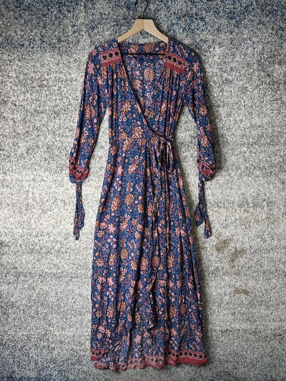 Natalie Martin Dress Womens Medium Blue Floral Wrap Maxi Long Sleeve Boho